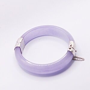 Chinese Sterling Silver Natural Purple Lavender Jade Hinged Bangle  Bracelet